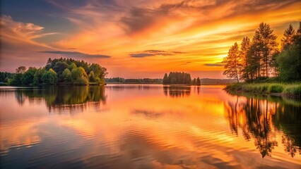 Fototapeta premium Soft orange hues illuminate a serene lake as the sun dips below the horizon, casting a warm glow over the surrounding trees, trees, orange hues, sunset, lake