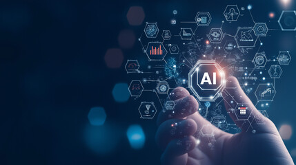 Photo of A hand holding an AI icon with the text AI floating above it, surrounded by digital symbols and icons representing artificial intelligence technology.