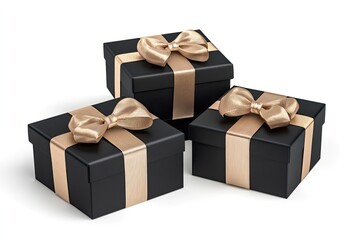 Realistic black gift box set with golden ribbon bow. Concept of abstract holiday, birthday or wedding present or surprise. 3d high quality isolated render