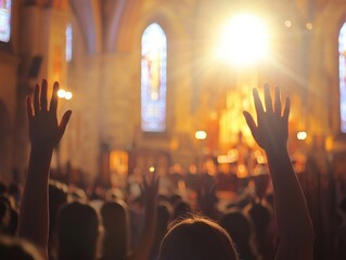 A photography of a congregation worshiping in a church with raised hands and stained glass windows