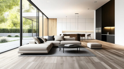 Modern open living space with large glass windows, minimalist furniture, and wooden flooring, overlooking a garden patio with greenery outside.