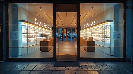 Bright opticians storefront, obscure glass windows. outside.