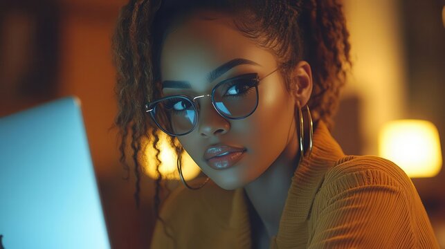 driven young female executive immersed in her work, confidently using a laptop to communicate, highlighting professionalism and dedication in a modern office environment