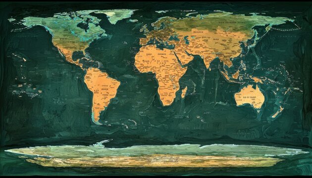 A colorful world map illustrating continents and countries, designed for educational and navigational purposes.