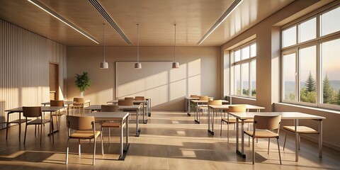 Minimalist Empty Classroom in Low Light with Modern Furniture - Ideal for Educational Settings, Interior Design, and Minimalism Photography