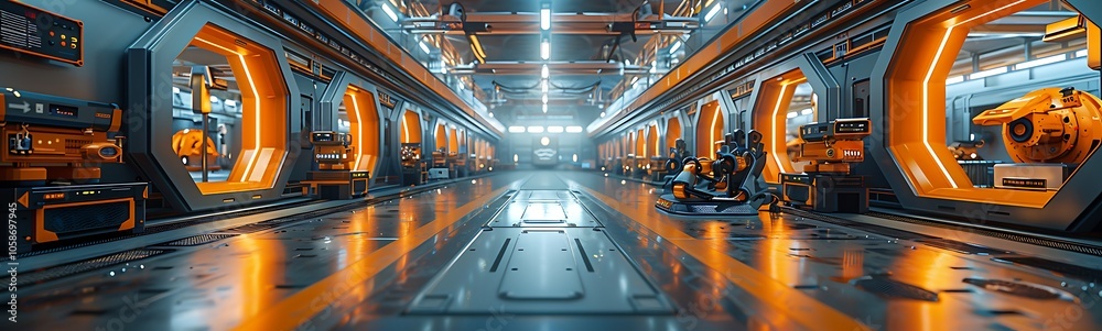 Aufkleber a brightly lit futuristic industrial space featuring advanced machinery and robotic arms, emphasizin