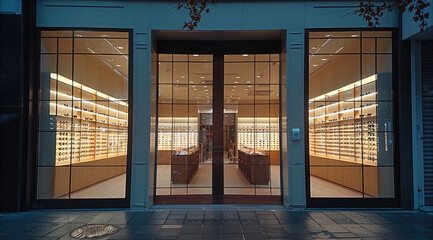 Bright opticians storefront, obscure glass windows. outside.