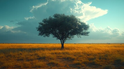 Lone Tree Standing Tall in a Vast Grassland Under a Dramatic Sky