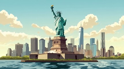 A picturesque view of the Statue of Liberty standing tall amidst the New York City skyline with clear blue skies and white clouds.