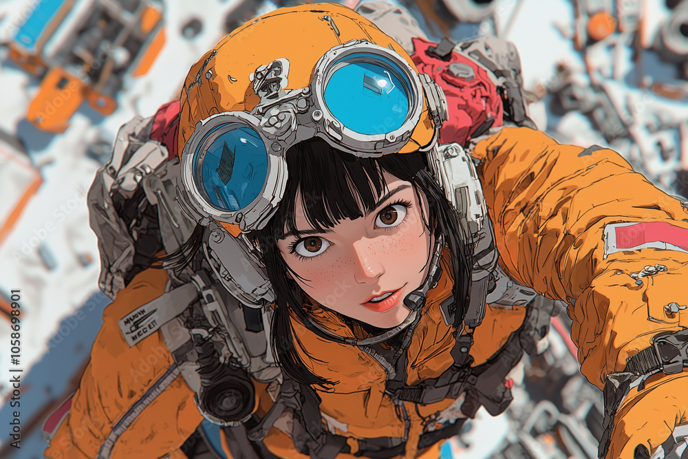 Poster female engineer in dynamic pose, wearing orange jacket and goggles, looks up with determination. bac