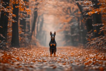 Doberman Pinscher adult dog, muscular with sleek black and tan coat, standing with confident and protective look