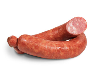 Sausages, semi-finished meat products, salads on a white background