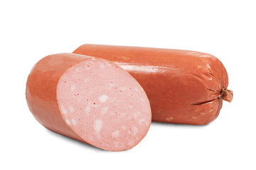 Sausages, semi-finished meat products, salads on a white background