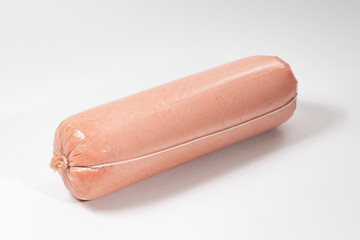 Sausages, semi-finished meat products, salads on a white background