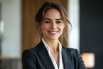Confident Businesswoman in Navy Blue Suit with a Bright Smile