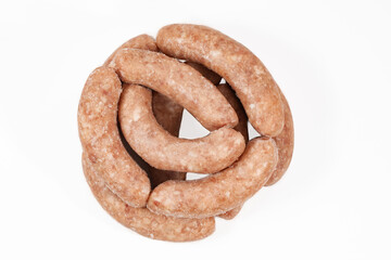 Sausages, semi-finished meat products, salads on a white background