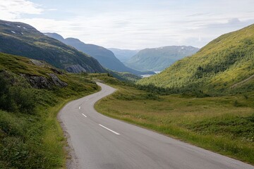 Naklejka premium Winding Road Through Picturesque Green Valleys and Mountains in Norway During a Clear Day