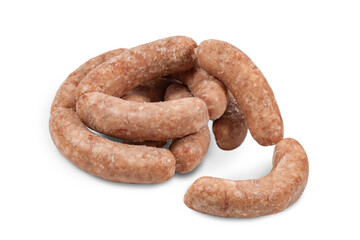 Sausages, semi-finished meat products, salads on a white background