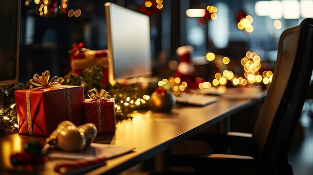 A cozy, festive office workspace adorned with Christmas decorations, gifts, and twinkling lights, creating a warm holiday atmosphere.
