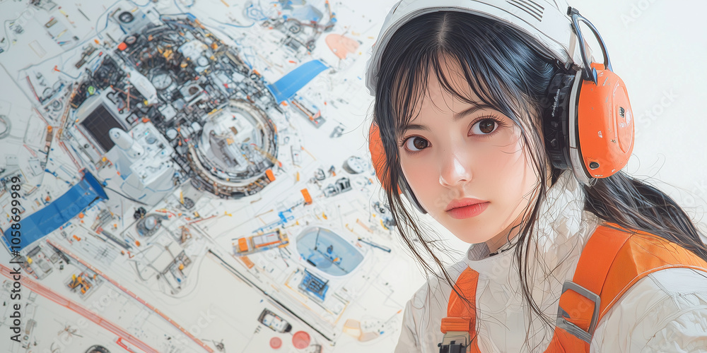 Poster female engineer in dynamic pose stands confidently in front of complex engineering blueprint, wearin