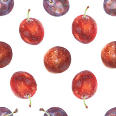 Pattern seamless of plums. Ripe berries on bunches of fruit tree hand drawn in watercolor. Fruits are painted very brightly red, burgundy, purple colors. This pattern can be used on juice package, in