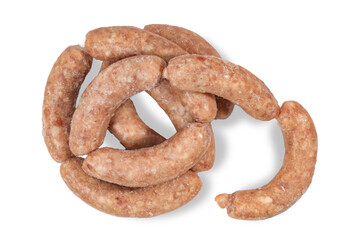 Sausages, semi-finished meat products, salads on a white background