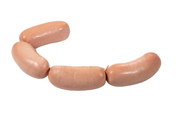 Sausages, semi-finished meat products, salads on a white background