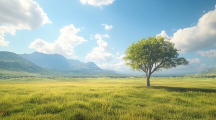 A single tree stands tall in a vast grassy field, with mountains in the distance and a bright blue sky with fluffy clouds.