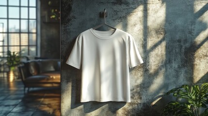 A plain white t-shirt displayed in a stylish interior setting.