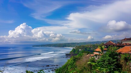 The captivating combination of a blue sky with fluffy white clouds, the vast expanse of the sea, and the vibrant green plants, enjoy the tranquility of nature.Generative AI
