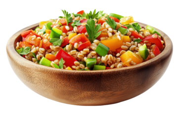 Spelt grain salad with bell peppers, PNG isolated on transparent background, white background.