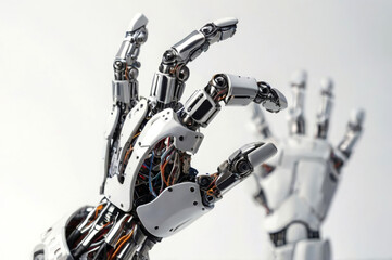 robot hand, studio photo on white background. mechanical prosthesis.