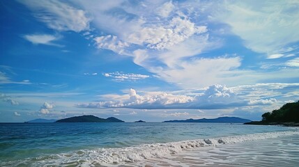 The captivating combination of a blue sky with fluffy white clouds, the vast expanse of the sea, and the vibrant green plants, enjoy the tranquility of nature.Generative AI