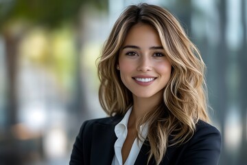 Confident Businesswoman in White Shirt and Black Suit Looking at Camera