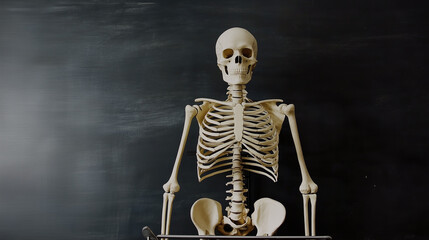Front View Of Skeleton Against Dark Blackboard