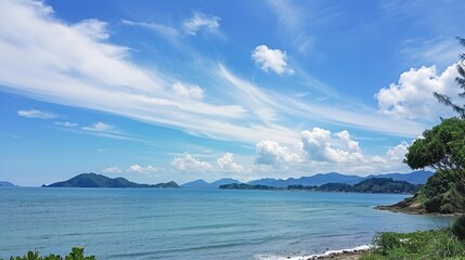 The captivating combination of a blue sky with fluffy white clouds, the vast expanse of the sea, and the vibrant green plants, enjoy the tranquility of nature.Generative AI