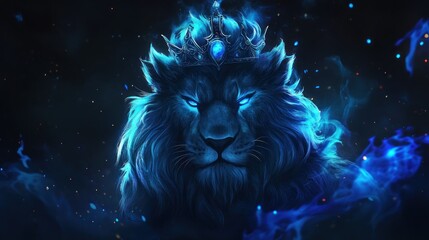 A majestic blue lion with a crown of flames and a jeweled headband stares intensely against a dark background with blue flames.