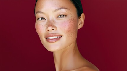 Young asian woman with natural freckles and glowing skin on burgundy background, inclusive beauty and skincare advertising concept