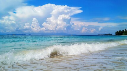 The captivating combination of a blue sky with fluffy white clouds, the vast expanse of the sea, and the vibrant green plants, enjoy the tranquility of nature.Generative AI