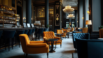 Obraz premium Luxurious hotel bar with elegant decor, featuring plush yellow and blue armchairs, high ceilings, ornate chandeliers, and a well-stocked bar with mirrors and glass shelves.