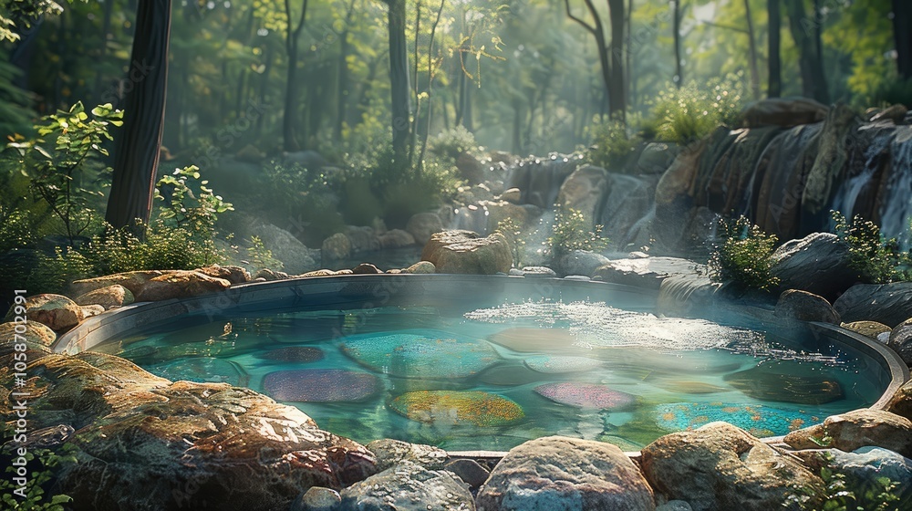 Aufkleber a hot spring with multi-colored mineral patterns, nestled in a quiet forest setting.