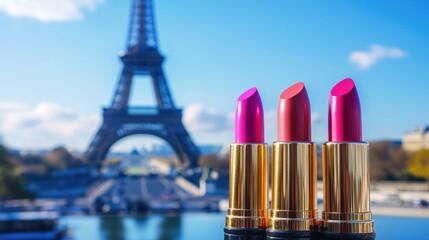 Three lipsticks in various shades of pink with Eiffel Tower in background.