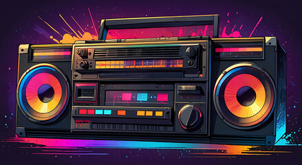 Fototapeta premium A vintage boombox with colorful, pulsating equalizer bars around it, capturing the energy and excitement of retro music culture.