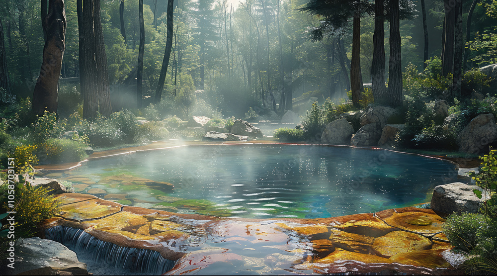 Aufkleber a hot spring with multi-colored mineral patterns, nestled in a quiet forest setting.