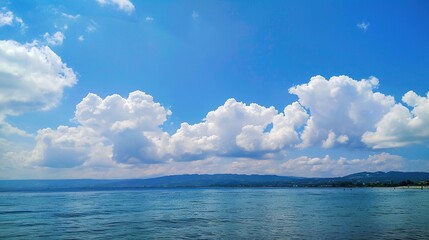 The captivating combination of a blue sky with fluffy white clouds, the vast expanse of the sea, and the vibrant green plants, enjoy the tranquility of nature.Generative AI