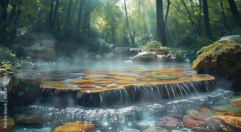 Poster A hot spring with multi-colored mineral patterns, nestled in a quiet forest setting.