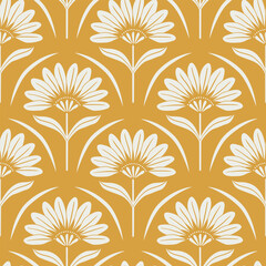 Bold floral pattern with abstract blooms on mustard background