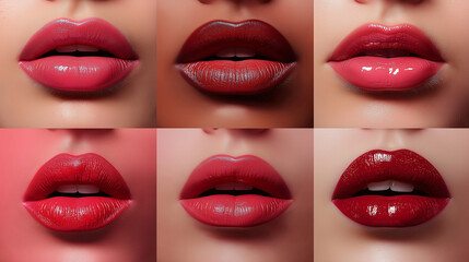 Obraz premium Collage with photos of young woman with different glossy lipsticks on purple background, closeup. Banner design