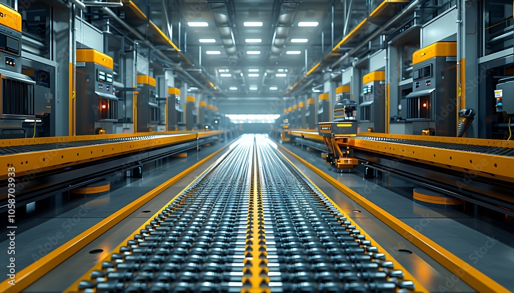 Fototapete a modern warehouse featuring automated conveyor belts and robotic systems under bright lights, empha