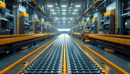 A modern warehouse featuring automated conveyor belts and robotic systems under bright lights, emphasizing efficiency and technology in logistics.